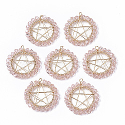 Glass Pendants, Wire Wrapped Pendants, with Real 18K Gold Plated Brass Wires and Linking Rings, Nickel Free, Star, Pink, 26.5x24x3mm, Hole: 2.5mm(KK-S354-004A-NF)