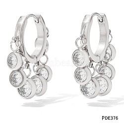 304 Stainless Steel Cubic Zirconia Flat Round Tassel Chandelier Earrings, Stainless Steel Color, Clear, 25.6mm(FS-WG9F9FA-04)