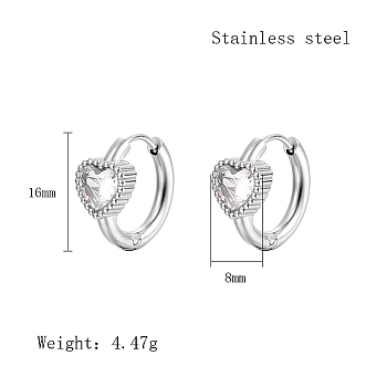 Cubic Zirconia Hoop Earrings, 304 Stainless Steel Earrings, Heart, 16x8mm