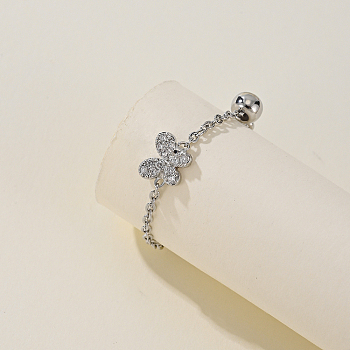 Vintage Minimalist Brass Cubic Zirconia Butterfly Adjustable Chain Women's Ring, Platinum