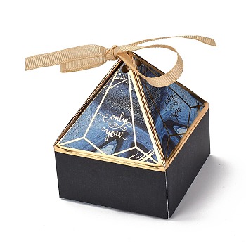 Paper Fold Gift Boxes, Triangular Pyramid with Word Only for You & Ribbon, for Presents Candies Cookies Wrapping, Midnight Blue, 7x7x9cm