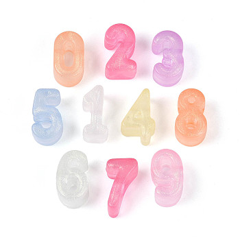 Luminous Frosted Transparent Acrylic Beads, Large Hole Beads, Number 0~9, with Glitter Powder, Glow in the Dark, Mixed Color, 10.5~24.5x21.5~22.5x11.8mm, Hole: 6.5mm, about 235pcs/500g