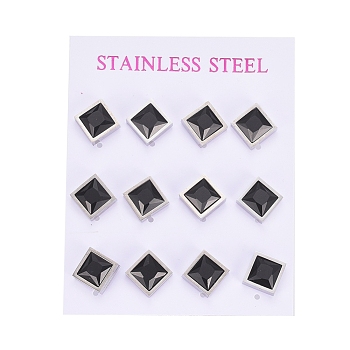 Cubic Zirconia Stud Earrings, with 304 Stainless Steel Findings, Square/Rhombus, Black, 12.2x12.2mm, Pin: 0.6mm, 6pairs/card