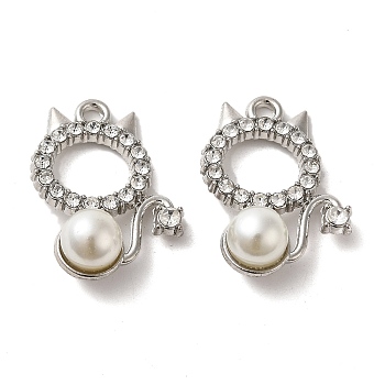 Alloy with Rhinestone Pendants, with ABS Imitation Pearl, Cat Charms, Platinum, 23x17.5x8.5mm, Hole: 1.8mm