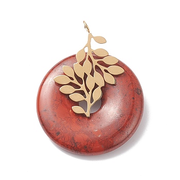 Natural Red Jasper Pendants, with Ion Plating(IP) Golden Color Tone 304 Stainless Steel Findings, Leaf with Donut/Pi Disc Charm, 37~38x30x10~11mm, Hole: 3mm