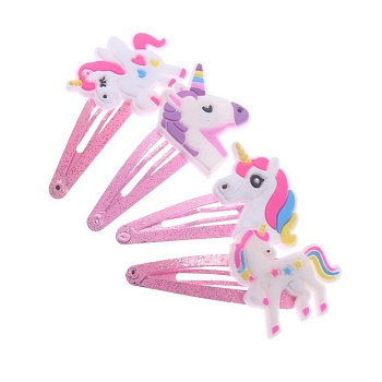 4Pcs 4 Style Cute Unicorn Children's Alloy Hair Clips, Snap Hair Clips for Girl, Hot Pink, 50x30mm