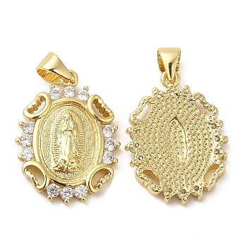 Rack Plating Brass Micro Pave Cubic Zirconia Pendants, Cadmium Free & Lead Free, Oval with Saint, Real 18K Gold Plated, 21.5x16x2.5mm, Hole: 4.5x3.5mm