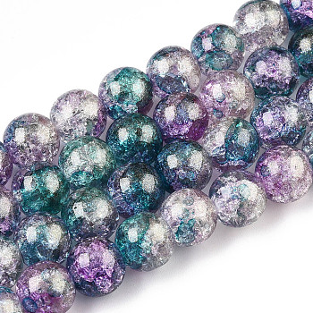 Baking Painted Crackle Glass Bead Strands, with Gold Powder, Round, Teal, 10mm, Hole: 1.4mm, about 80pcs/strand, 30.87 inch(78.4cm)