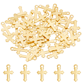 304 Stainless Steel Tiny Cross Charms, Real 18K Gold Plated, 12x7x0.8mm, Hole: 1.2mm, 50pcs/box
