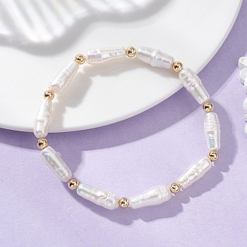 Natural Baroque Keshi Pearl & Brass Beaded Stretch Bracelets for Women, Rice, Real 18K Gold Plated, White, Inner Diameter: 2.13 inch(5.4cm)