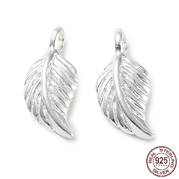 925 Sterling Silver Charms, Leaf, Silver, 13x6x2mm, Hole: 2mm