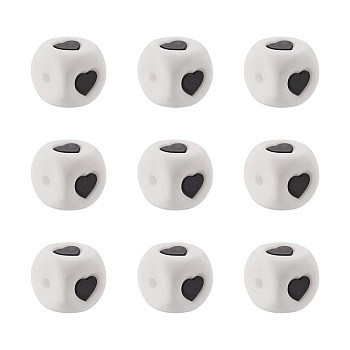 Food Grade Eco-Friendly Silicone Beads, Chewing Beads For Teethers, DIY Nursing Necklaces Making, Cube with Heart, White, Black, 12x12x12mm, Hole: 3mm