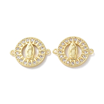 Rack Plating Brass Cubic Zirconia Virgin Mary Connector Charm, Long-Lasting Plated, Lead Free & Cadmium Free, Flat Round Links, Real 18K Gold Plated, 17x22x3mm, Hole: 1.4mm