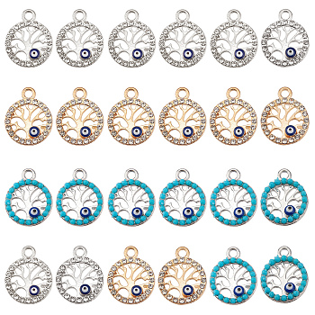 60Pcs 3 Style Alloy Pendants, with Crystal Rhinestone and Blue Enamel, Flat Round with Tree of Life and Evil Eye, Mixed Color, 17x14x2.5mm, Hole: 2mm, 20pcs/style