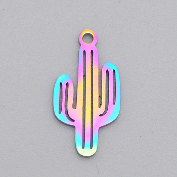 Ion Plating(IP) 201 Stainless Steel Pendants, Laser Cut, Cactus, Rainbow Color, 19x10x1mm, Hole: 1.5mm