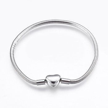 304 Stainless Steel European Style Round Snake Chains Bracelet Making, with Clasps, Stainless Steel Color, 7-7/8 inch(20cm), 3mm