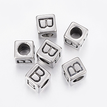 304 Stainless Steel Large Hole Letter European Beads, Cube with Letter.B, Antique Silver, 8x8x8mm, Hole: 5mm