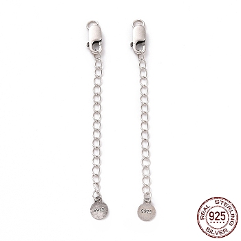 925 Sterling Silver Chain Extenders, with Lobster Claw Clasps & Charms, Flat Round, Antique Silver, 64x2.5mm, Hole: 2.4mm