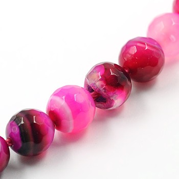 Dyed Natural Striped Agate/Banded Agate Faceted Round Bead Strands, Camellia, 8mm, Hole: 1mm, about 48pcs/strand, 15.4 inch
