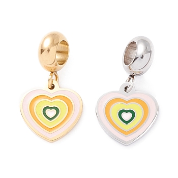 304 Stainless Steel European Dangle Charms, Large Hole Pendants, with Enamel, Golden & Stainless Steel Color, Heart, Pink, 21mm, Hole: 4.5mm
