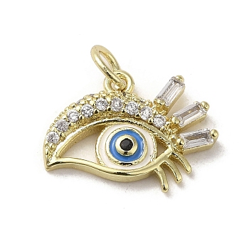 Brass Micro Pave Cubic Zirconia Pendants, with Glass and Enamel, with Jump Ring, Real 18K Gold Plated, Eye, Clear, 12.5x16.5x2.5mm, Hole: 3mm