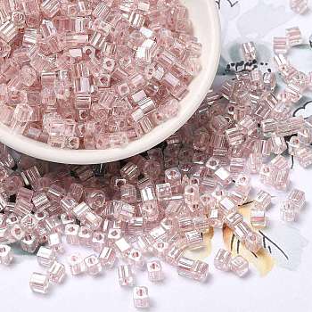 Glass Seed Beads, Transparent Lustered Glass, Square Hole, Square, Misty Rose, 4x4x4mm, Hole: 1.2mm, 5000pcs/pound