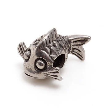 304 Stainless Steel European Beads, Large Hole Beads, Fish, Antique Silver, 17x14.5x11mm, Hole: 5mm