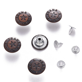 Iron Button Pins for Jeans, Garment Accessories, Flat Round with Pattern, Red Copper, 17x7.5mm, Hole: 1.8mm, Pin: 7.5x8mm, Knob: 2.5mm, 2pcs/set