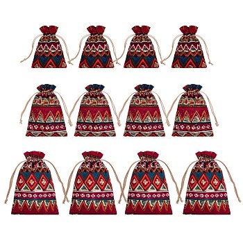 Burlap Pouches, Polyester Drawstring Bags, Stripe Pattern, Red, 13.8~22.7x10~17.4cm, 12pcs/set