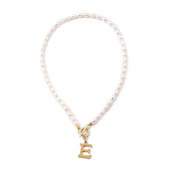 304 Stainless Steel Pendant Necklaces, with Natural Cultured Freshwater Pearl Beads and Toggle Clasps, Letter, Golden, Letter.E, 15.94 inch(40.5cm), Letter E: 20x14.5x1.5mm