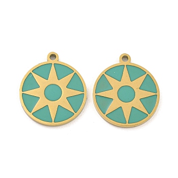 316 Surgical Stainless Steel Enamel Pendants, Flat Round with Sun Charm, Golden, Light Sea Green, 18x16x1.5mm, Hole: 1.5mm