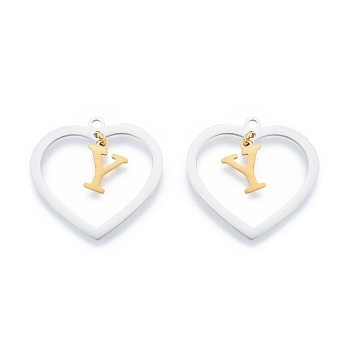 201 Stainless Steel Pendants, Hollow, Heart with Letter A~Z, Real Gold Plated & Stainless Steel Color, Letter.Y, 29x29.5x1mm, Hole: 2mm, A~Z: 12x8~10.5x1mm