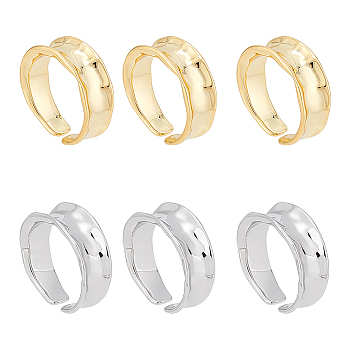 6Pcs 2 Colors Brass Wave Open Cuff Ring for Women, Platinum & Light Gold, US Size 5 1/4(15.9mm), 3pcs/color