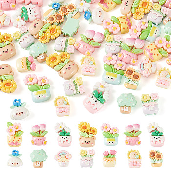 48Pcs 2 Styles Opaque Resin Cabochons, Potted Plant, Mixed Color, 15.5~26x15~20x7~8.5mm