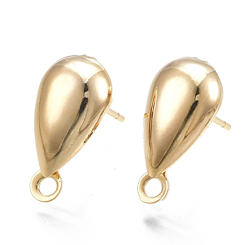 Brass Stud Earring Findings, with Loop, Teardrop, Nickel Free, Real 18K Gold Plated, 17x8.5mm, Hole: 1.8mm, Pin: 0.8mm