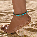 Summer Beach Synthetic Turquoise Turtle & Round Beaded Adjustable Waxed Cord Anklets for Women, Dark Turquoise, 7-1/8~13-3/4 inch(180~350mm)(FS-WG547C8-01)