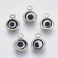 Handmade Lampwork Charms, with 304 Stainless Steel Findings, Flat Round with Evil Eye, Black, 9.5x6.5x2.5mm, Hole: 1.5mm(STAS-T041-01-01)