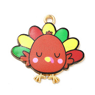 Cute Printed Alloy Pendants, Light Gold, Cadmium Free & Nickel Free & Lead Free, Turkey Charm, FireBrick, 26x26x2mm, Hole: 2mm(ENAM-L040-002B-05)