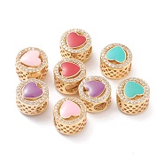 Brass Enamel European Beads, Large Hole Beads, Long-lasting Plated, with Micro Pave Clear Cubic Zirconia, Flat Round with Heart, Real 18K Gold Plated, Mixed Color, 11x8mm, Hole: 4.5mm(MPDL-P005-14G)