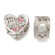 Rack Plating Alloy Enamel European Beads, Large Hole Beads, Heart with Word My Amor, Platinum, 10.5x12.5x7.5mm, Hole: 6.5x4.5mm(PALLOY-A009-25P)