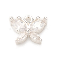Clear Glass Pendnants, with Brass Findings, Butterfly Charms, Silver, 9.5x11x3mm, Hole: 1.2mm(KK-P228-23S)