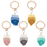 5Pcs Natural Wood Beads Stretch Bracelets Keychains, with Zinc Alloy & 304 Stainless Steel Key Rings, Nylon Thread and Polyester Tassel Big Pendants, Leaf, Mixed Color, 245mm, 5pcs/set(KEYC-PH01429)