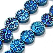 Synthetic Non-magnetic Hematite Beads Strands, Long-Lasting Plated, Flat Round with Tree of Life, Blue Plated, 10x3mm, Hole: 1mm, about 40pcs/strand, 15.94''(40.5cm)(G-P545-P01-01D)