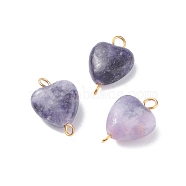 Natural Lepidolite/Purple Mica Stone Connector Charms, with Golden Tone Brass Loops, Heart, 18.5x12x5~6mm, Hole: 1.5~2mm(PALLOY-JF01412)