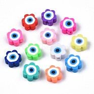 Handmade Polymer Clay Beads, Flower with Evil Eye, Mixed Color, 9x9x4.5mm, Hole: 1.8mm(CLAY-SZ0002-07)