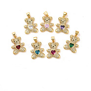 Brass Micro Pave Cubic Zirconia Pendants, Real 18K Gold Plated, Lead Free & Cadmium Free, Bear with Heart, Mixed Color, 19.5x14.5x4mm, Hole: 4x3.5mm(KK-K258-24-RS)