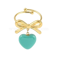 Bowknot 304 Stainless Steel Open Cuff Ring, Enamel Heart Charm Ring for Women, Dark Turquoise, Adjustable(RJEW-Z037-02G-02)