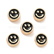 Alloy Enamel Beads, Golden, Flat Round with Smiling Face, Black, 8x4mm, Hole: 1.6mm(FIND-E029-01G-01)