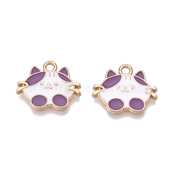 Rack Plating Alloy Enamel Pendants, Golden, Cat Charm, Medium Purple, 13.5x16.5x1.5mm, Hole: 1.6mm(ENAM-N056-346A)