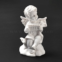 Resin Imitation Plaster Sculptures, Figurines, Home Display Decorations, Angel with Panpipe, White, 36x36.5x65mm(AJEW-P102-02)